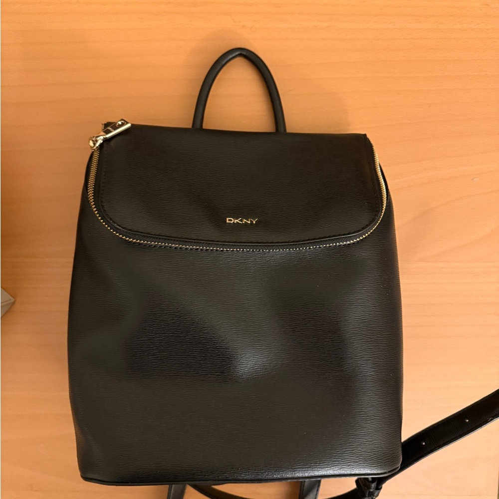 DKNY Bryant Top Zip Black Leather Backpack